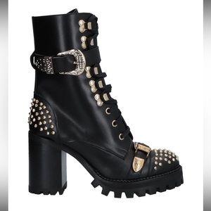 RAS leather studded rhinestones buckled chunky sole combat boots ,Neiman Marcus